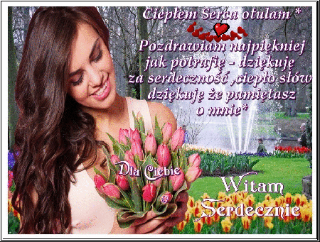 Kobieta z bukietem tulipanów pozdrawia